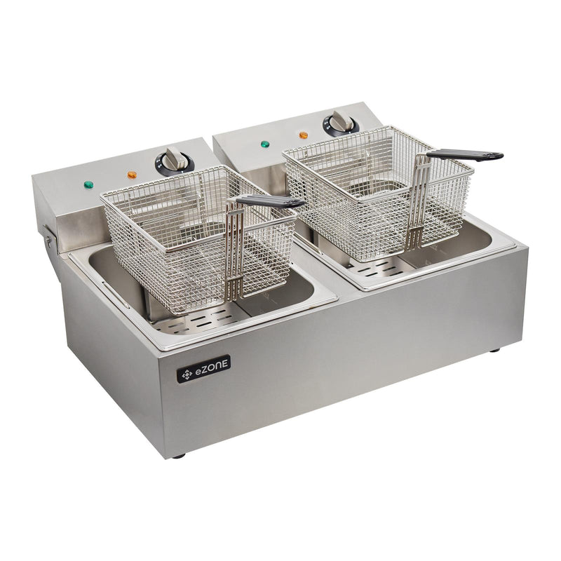 eZone Commercial Electric Fryer Single Tank 2x5Ltr 2x3kW 2x13A UK Plug Countertop Heavy Duty Stainless Steel Ideal for Restaurants Takeaways