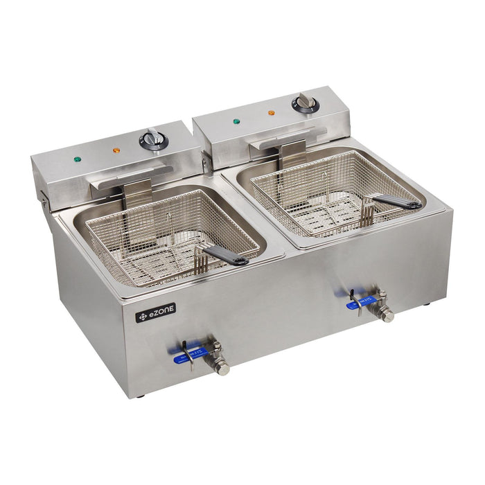 eZone Commercial Electric Fryer Single Tank 2x7Ltr 2x3kW 2x13A UK Plug Countertop Heavy Duty Stainless Steel with Oil Drain Ideal for Restaurants Takeaways
