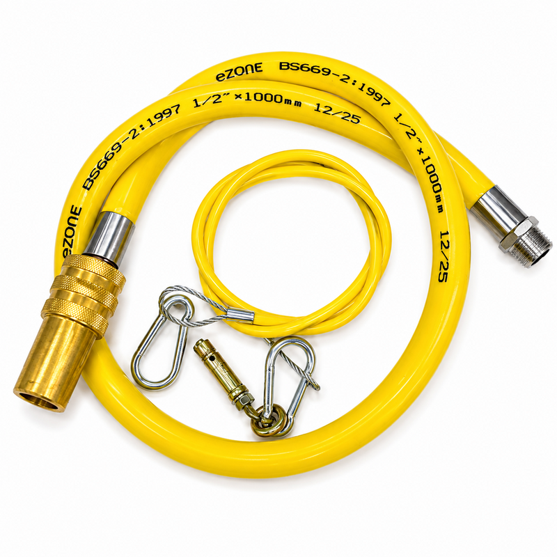 Commercial Catering Gas Hose Quick Release 1/2" x 1m Yellow BS669-2 Compliant
