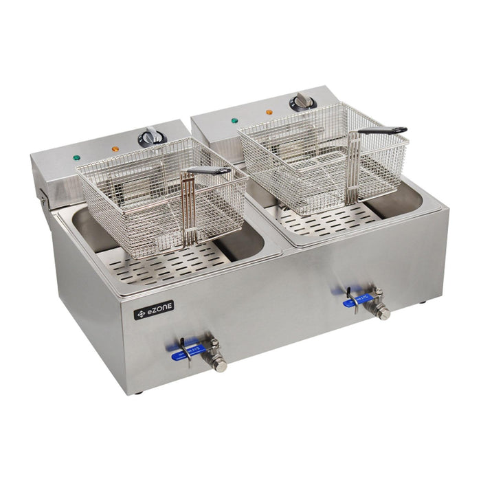 eZone Commercial Electric Fryer Single Tank 2x7Ltr 2x3kW 2x13A UK Plug Countertop Heavy Duty Stainless Steel with Oil Drain Ideal for Restaurants Takeaways