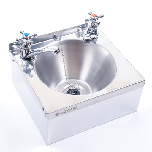 Commercial Kitchen Stainless Steel Wall Hand Wash Basin Sink with Cross Taps & Waste Kit