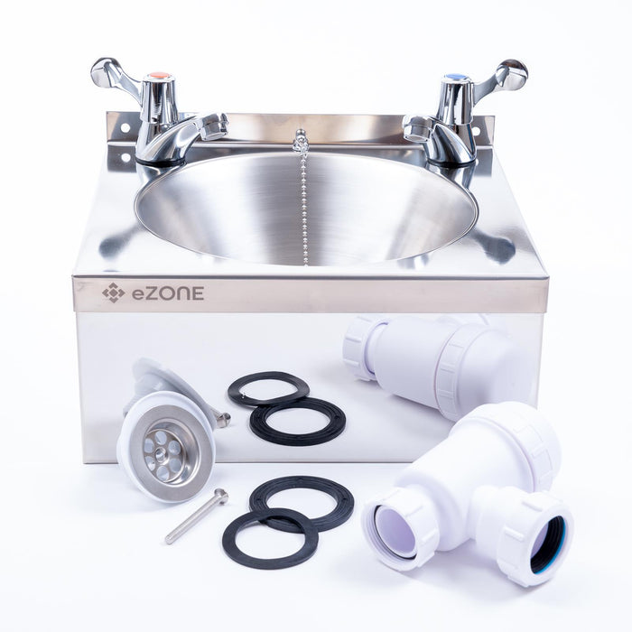 Commercial Stainless Steel Hand Wash Basin 385x335mm with Lever Taps Waste Kit