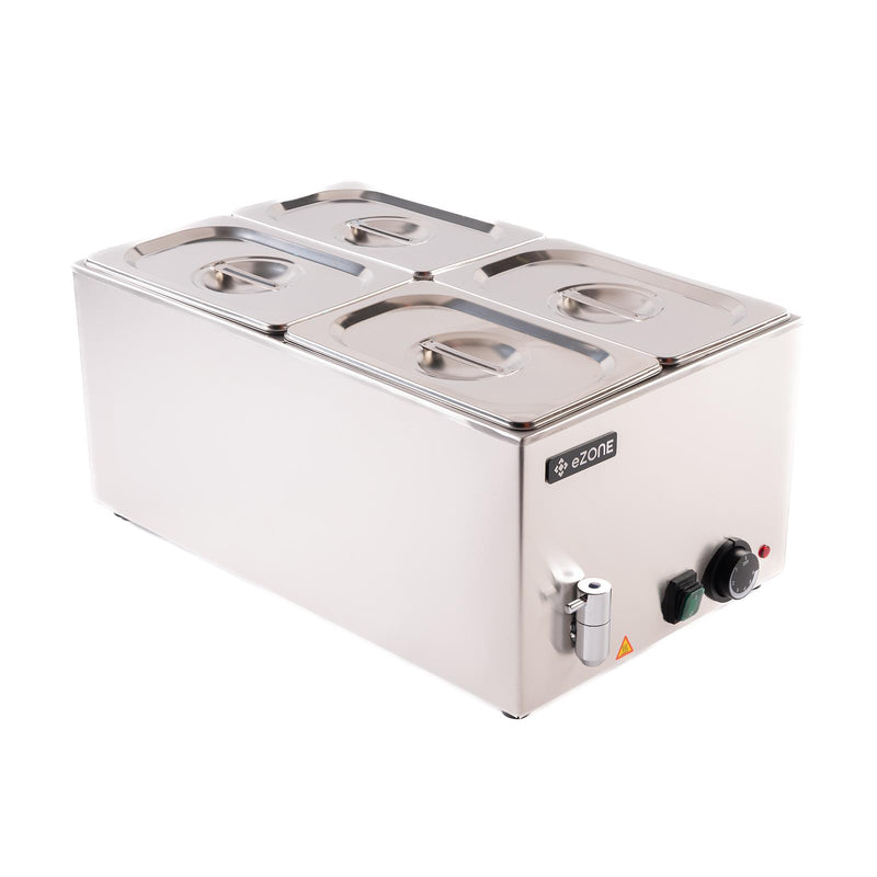 eZone Bain Marie G8710 w/Tap + 4x 1/4GN Pan & Lid Wet Heat Food Warmer 1.2kW