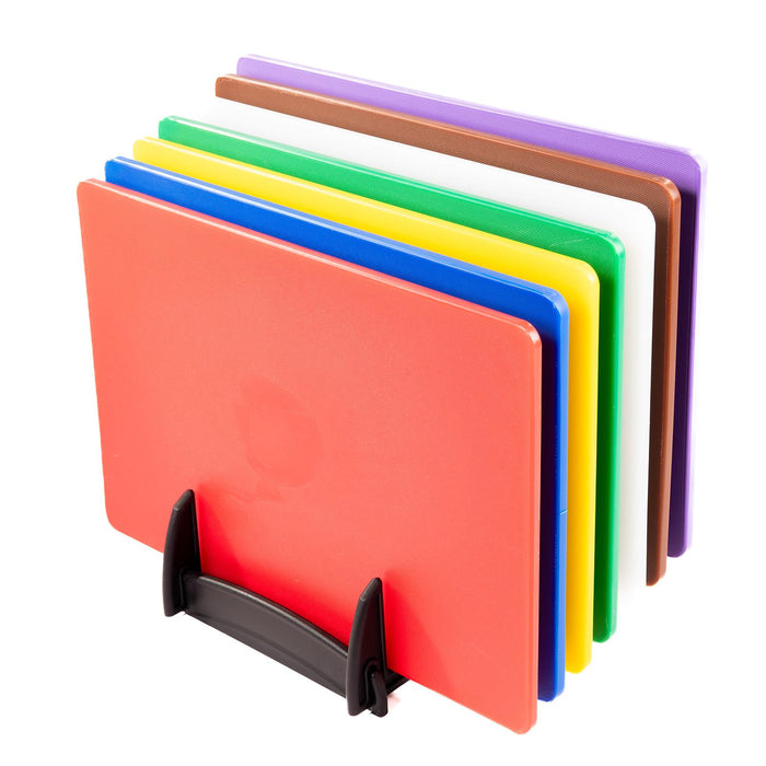 7x eZone Commercial Kitchen Chopping Boards 45x30cm Multi-Colour w/ Rack & Chart