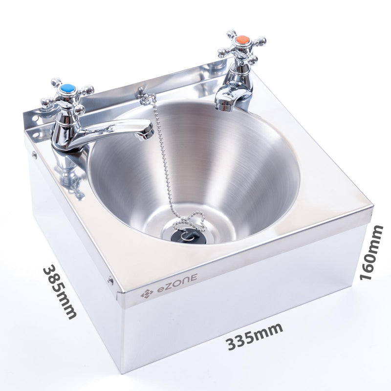Commercial Stainless Steel Hand Wash Basin 385x335mm with Cross Taps Waste Kit