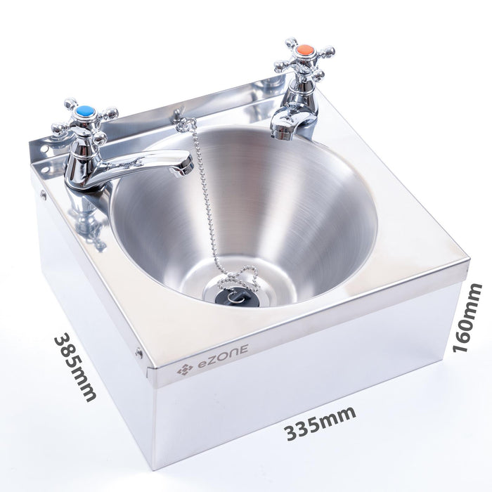 Commercial Stainless Steel Hand Wash Basin 385x335mm with Cross Taps Waste Kit
