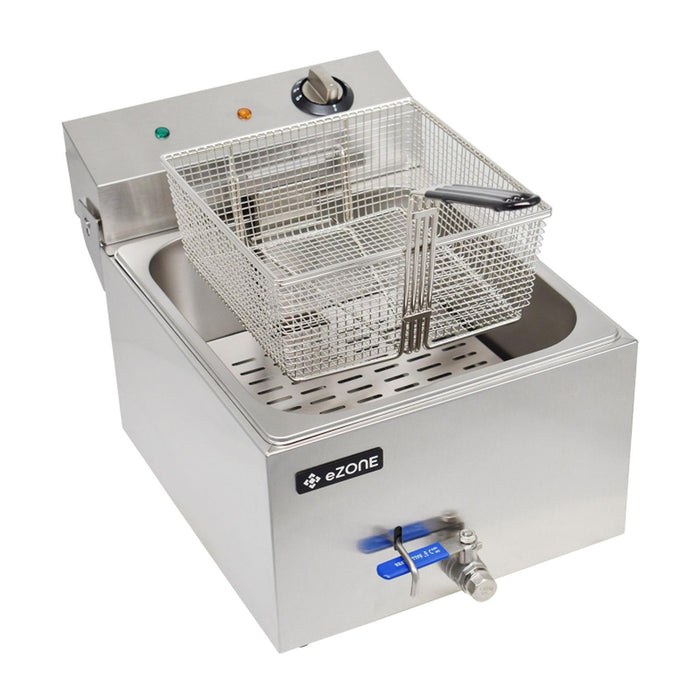 eZone Commercial Electric Fryer Single Tank 7Ltr 3kW 13A UK Plug Countertop Heavy Duty Stainless Steel with Oil Drain Ideal for Restaurants Takeaways