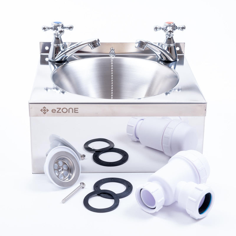 Commercial Stainless Steel Hand Wash Basin 385x335mm with Cross Taps Waste Kit