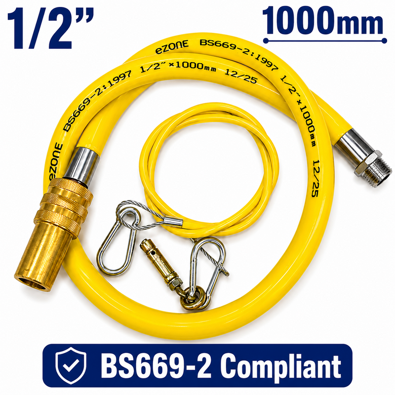Commercial Catering Gas Hose Quick Release 1/2" x 1m Yellow BS669-2 Compliant