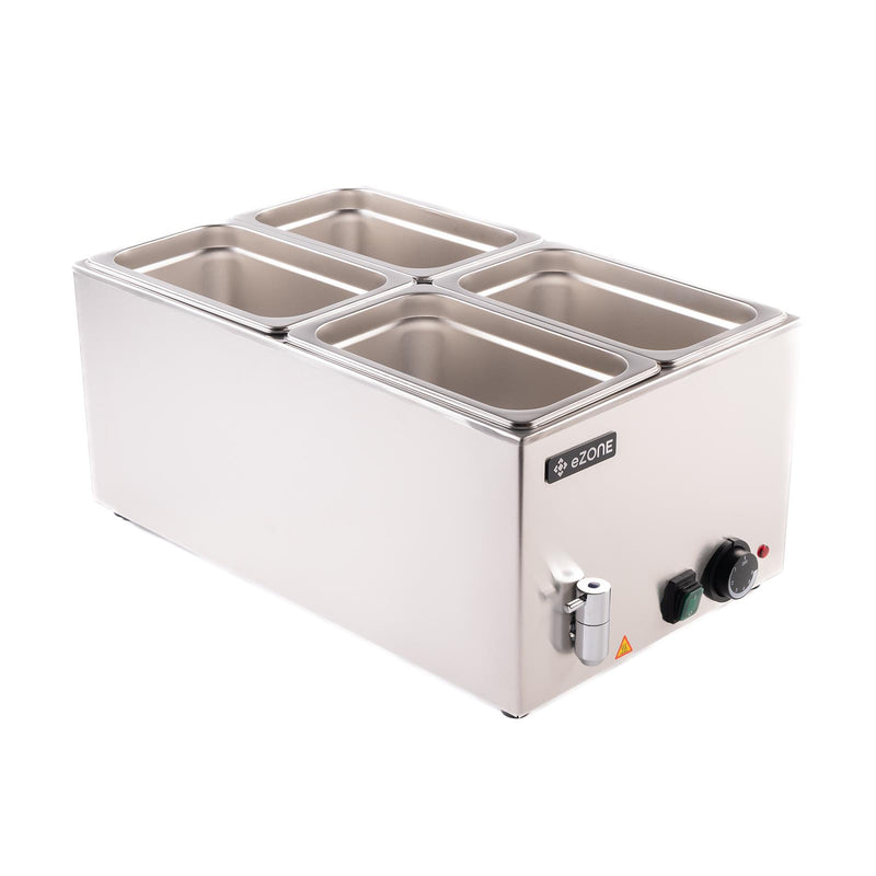 eZone Bain Marie G8710 w/Tap + 4x 1/4GN Pan & Lid Wet Heat Food Warmer 1.2kW