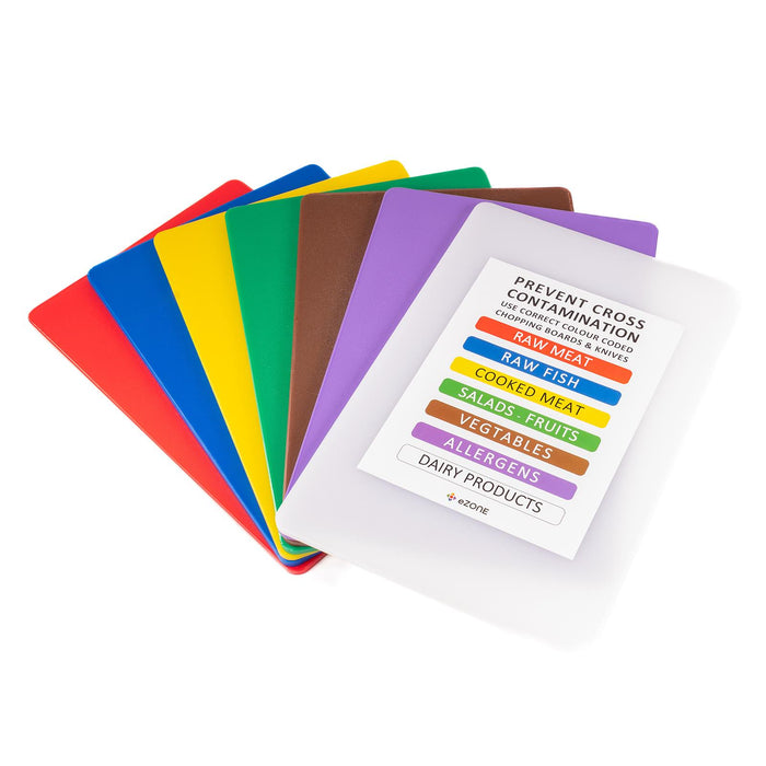 7x eZone Commercial Kitchen Chopping Boards 45x30cm Multi-Colour w/ Rack & Chart
