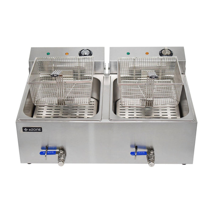 eZone Commercial Electric Fryer Single Tank 2x7Ltr 2x3kW 2x13A UK Plug Countertop Heavy Duty Stainless Steel with Oil Drain Ideal for Restaurants Takeaways