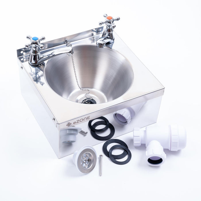 Commercial Stainless Steel Hand Wash Basin 385x335mm with Cross Taps Waste Kit