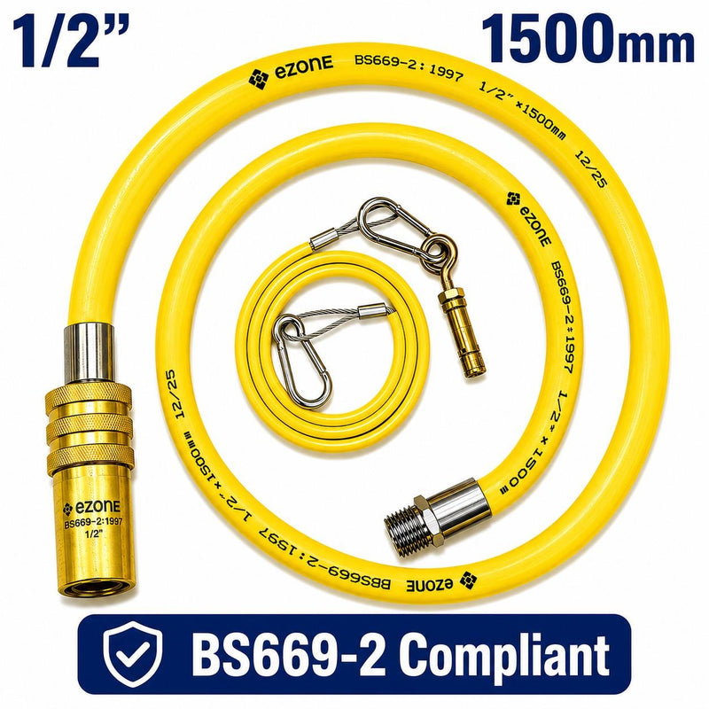 Commercial Catering Gas Hose Quick Release 1/2" x 1.5m Yellow BS669-2 Compliant