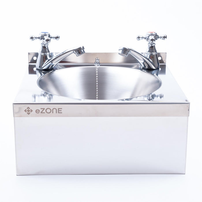 Commercial Stainless Steel Hand Wash Basin 385x335mm with Cross Taps Waste Kit
