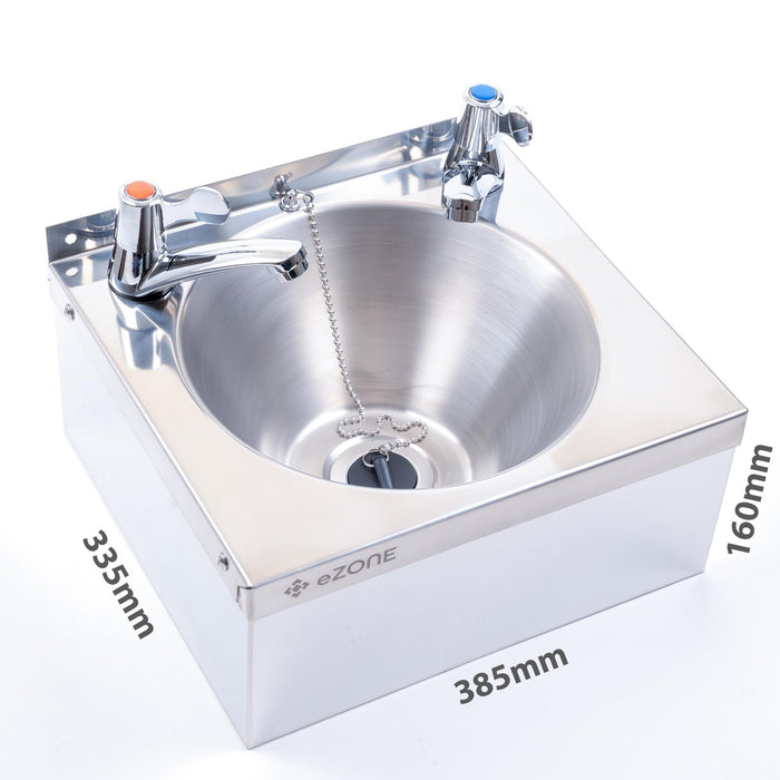 Commercial Stainless Steel Hand Wash Basin 385x335mm with Lever Taps Waste Kit