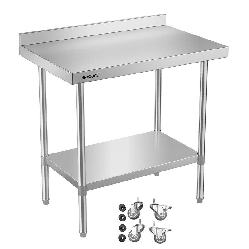eZone Commercial Stainless Steel Kitchen Food Prep Table Upstand 900x600x900mm +Castors