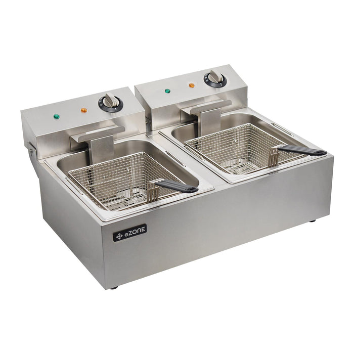 eZone Commercial Electric Fryer Single Tank 2x5Ltr 2x3kW 2x13A UK Plug Countertop Heavy Duty Stainless Steel Ideal for Restaurants Takeaways
