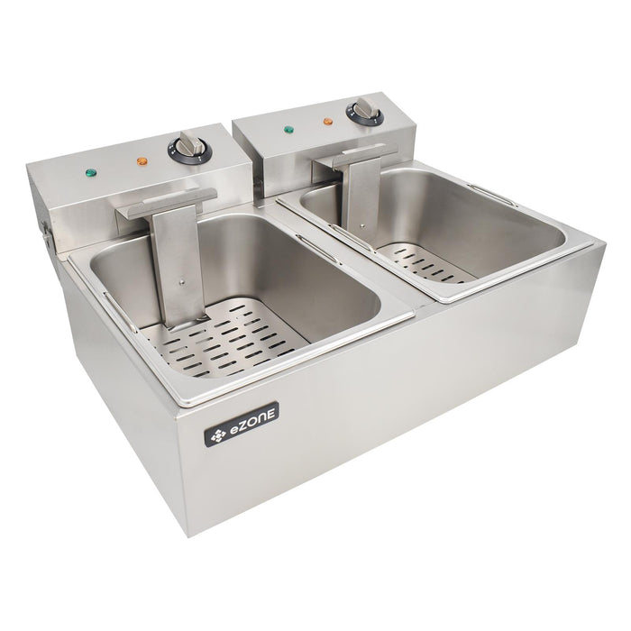 eZone Commercial Electric Fryer Single Tank 2x5Ltr 2x3kW 2x13A UK Plug Countertop Heavy Duty Stainless Steel Ideal for Restaurants Takeaways