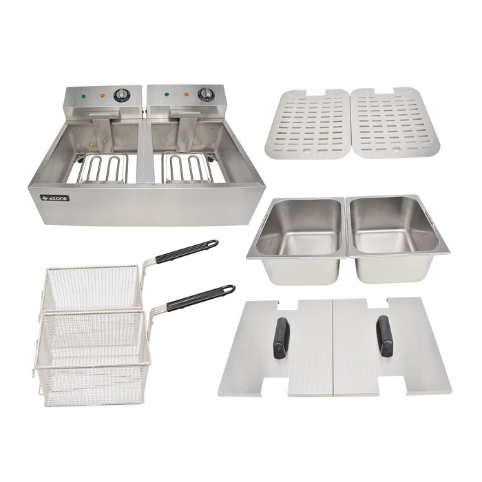 eZone Commercial Electric Fryer Single Tank 2x5Ltr 2x3kW 2x13A UK Plug Countertop Heavy Duty Stainless Steel Ideal for Restaurants Takeaways