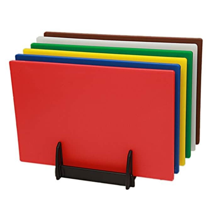 Set Kitchen of 6X Standard Low Density Chopping Board Colour Coded with rack and chart