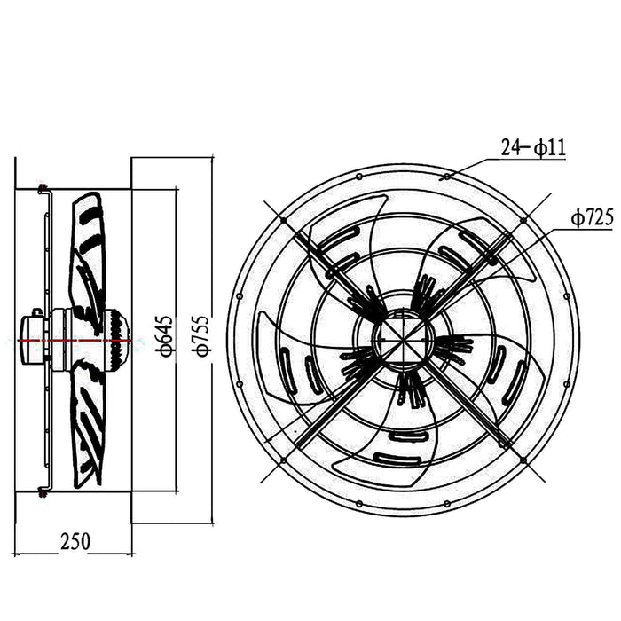 630mm Industrial Duct Fan Cased Axial Commercial Kitchen Canopy Extractor Quiet